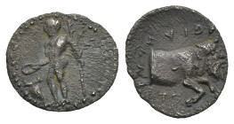 Greek. Sicily. Stiela. Circa 410 BC. Litra (Silver, 12.39 mm, 0.68 g). Youthful god standing left, holding branch and sacrificing with patera over alt...