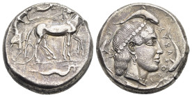 Greek. Sicily. Syracuse, Second Democracy, 466-405 BC. Tetradrachm (Silver, 25.03 mm, 17.28 g). Circa 460-450 BC. Charioteer driving slow quadriga rig...