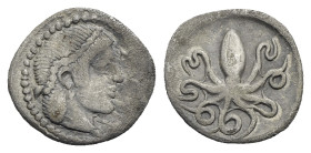 Greek. Sicily. Syracuse, Second Democracy. Circa 466-450 BC. Litra (Silver, 12.49 mm, 0.63 g). [ΣVRA], Diademed head of Arethusa right. Rev. Octopus. ...