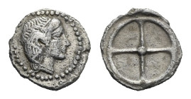 Greek. Sicily. Syracuse, Second Democracy. 466-405 BC. Hemilitron (Silver, 9.29 mm, 0.36 g). Struck circa 450-440 BC. Head of Arethusa right, wearing ...