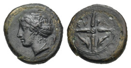 Greek. Sicily. Syracuse, Second Democracy. Circa 466-405 BC. Hemilitron (Bronze, 16.38 mm, 4.24 g). Head of Arethusa left, hair in sphendone inscribed...