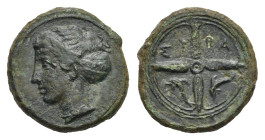 Greek. Sicily. Syracuse. Second Democracy. Circa 466-405 BC. Hemilitron (Bronze, 16.49 mm, 3.86 g). Head of Arethusa left, hair in sphendone inscribed...
