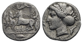 Greek. Sicily. Syracuse, Time of Dionysios I. 405-367 BC. Hemidrachm (Silver, 13.86 mm, 2.00 g). Charioteer driving galloping quadriga left; above, Ni...