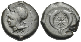 Greek. Sicily. Syracuse, Time of Dionysios I. Circa 395-367 BC. Drachm (Bronze, 29.64 mm, 30.93 g). Head of Athena left, wearing Corinthian helmet; be...