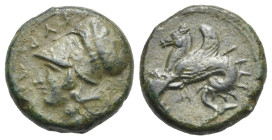 Greek. Sicily. Syracuse, Time of Dionysios I. Circa 405-367 BC. Litra (Bronze, 17.78 mm, 5.95 g). ΣYPA (retrograde), Head of Athena left, wearing Cori...