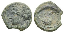 Greek. Sicily. Syracuse. Dionysios I, 405-367 BC. Hemilitron (Bronze, 15.21 mm, 3.18 g). Head of Arethusa left, hair in sphendone. Rev. ΣYPA, Dolphin ...