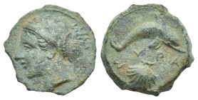 Greek. Sicily. Syracuse. Dionysios I, 405-367 BC. Hemilitron (Bronze, 16.11 mm, 2.69 g). Head of Arethusa left, hair in sphendone. Rev. ΣYPA, Dolphin ...