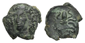 Greek. Sicily. Syracuse. Time of Dionysios I. Circa 405-367 BC. Tetras (Bronze, 15.55 mm, 2.38 g). Head of the nymph Arethusa facing slightly left, we...