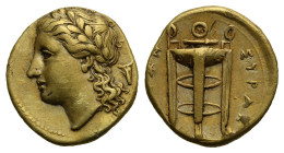 Greek. Sicily. Syracuse, Agathokles. Circa 310-305 BC. 25 Litrai or Hemistater (Electrum, 14.9 mm, 3.58 g). Laureate head of Apollo left; behind, bucr...