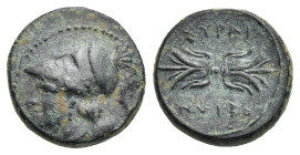 Greek. Sicily. Syracuse. Agathokles. Circa 310-304 BC. Bronze (Bronze, 12.97 mm, 1.91 g). Head of Athena to left, wearing crested Corinthian helmet. R...