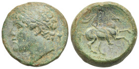 Greek. Sicily. Syracuse, Hieron II. Circa 275-215 BC. (Bronze, 28.04 mm, 19.03 g). Laureate head left; behind, bucranium. Rev. Horseman running right,...
