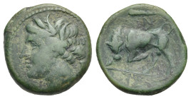 Greek. Sicily. Syracuse, Hieron II. 275-215 BC. (Bronze, 16.36 mm, 3.58 g). Circa 275-269 BC. [ΣΥΡΑΚΟΣΙΩΝ], Head of Persephone left, wearing wreath of...