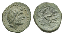 Greek. Sicily. Syracuse. Roman rule, after 212 BC. Bronze (Bronze, 13.44 mm, 2.18 g). Laureate head of Asklepios right. Rev. ΣYPAK – OΣIΩN, Serpent en...