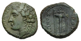 Greek. Sicily. Tauromenion. Circa 345-338 BC. Hemilitron (Bronze, 18.86 mm, 7.29 g). [ΤΑΥΡΟ]ΜΕΝΙΤΑΝ, Head of Dionysos left, wreathed with ivy. Rev. [A...