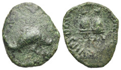 Greek. Sicily. Tyndaris. Circa 44-36 BC. or later (Bronze, 18.97 mm, 5.95 g). EX – DD (not visible), Dolphin right. Rev. [M]-VIPS-DOS[V-F], Pilei surm...