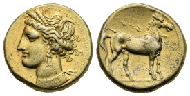 Greek. Zeugitania. Carthage. Circa 320-280 BC. Stater (Electrum, 18.59 mm, 7.47 g). Wreathed head of Tanit left, wearing triple-pendant earring and pe...