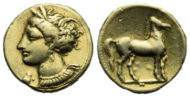Greek. Zeugitania. Carthage. Circa 320-280 BC. Stater (Electrum, 18.50 mm, 7.37 g). Wreathed head of Tanit left, wearing triple-pendant earring and pe...