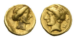 Greek. Kyrenaica. Cyrene. Circa 331-322 BC. Obol or 1/10 Stater - Attic standard (Gold, 7.59 mm, 0.83 g). Kydis, magistrate. ΚΥ, Head of Karneios left...