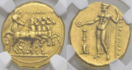 Greek. Kyrenaica. Cyrene. Ophellas, Ptolemaic Governor with Polyanthes, Magistrate. Second reign, circa 312-309 BC. Stater (Gold, 8.59 g). ΚΥΡΑΝΑΙΟΝ, ...