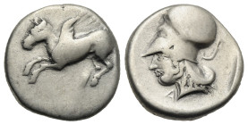 Greek. Epeiros. Ambrakia. Circa 426-404 BC. Stater (Silver, 19.78 mm, 8.29 g). Pegasos flying left. Rev. Helmeted head of Athena left; below chin, A; ...