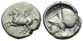 Greek. Akarnania. Argos Amphilochikon. Circa 340-300 BC. Stater (Silver, 19.84 mm, 8.47 g). Pegasos flying left. Rev. ΑNΦI (sic!), Helmeted head of At...
