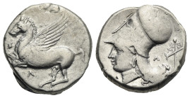 Greek. Akarnania. Leukas. Circa 375-300 BC. Stater (Silver, 19.60 mm, 8.51 g). Pegasos flying left; Λ below. Rev. Helmeted head of Athena left; Λ and ...