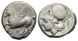 Greek. Akarnania. Leukas. Circa 375-300 BC. Stater (Silver, 20.58 mm, 8.56 g). Pegasos flying left; Λ below. Rev. Helmeted head of Athena left; Λ and ...