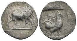Greek. Euboia. Karystos. Circa 500-480 BC. Didrachm (Silver, 26.64 mm, 8.27 g). Cow standing left, head reverted. Rev. KA, Cock standing right; Y belo...