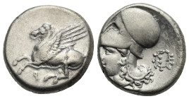 Greek. Corinthia. Corinth. Circa 375-300 BC. Stater (Silver, 19.55 mm, 8.50 g). Pegasos flying left, Ϙ below. Rev. Helmeted head of Athena left; [A] b...