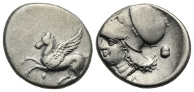Greek. Corinthia. Corinth. Circa 375-300 BC. Stater (Silver, 22.75 mm, 8.43 g). Pegasos flying left, Ϙ below. Rev. Helmeted head of Athena left; [A] -...