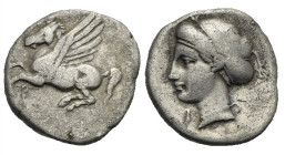 Greek. Corinthia. Corinth. Circa 350-300 BC. Drachm (Silver, 14.15 mm, 2.54 g). Pegasos flying left; Ϙ below. Rev. Head of Aphrodite left, wearing sak...