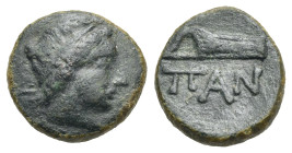 Greek. Kimmerian Bosporos. Pantikapaion. Circa 200-150 BC. Uncertain denomination (Bronze, 14.57 mm, 2.66 g). Laureate head of Apollo right. Rev. ΠΑΝ ...