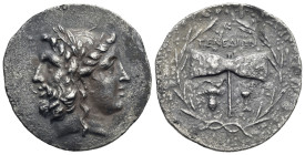 Greek. Islands off Troas. Tenedos. Circa 100-70 BC. Tetradrachm (Silver, 35.18 mm, 14.25 g). Janiform head of a laureate bearded male left and female ...