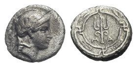 Greek. Ionia. Magnesia. Circa 350-200 BC. Obol (Silver, 8.91 mm, 0.81 g). Head of Athena to right, wearing crested and wreathed Attic helmet. Rev. M-A...