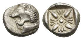 Greek. Ionia. Miletos. Circa 525-475 BC. Obol (Silver, 12.68 mm, 1.06 g). Forepart of lion left. Rev. Stellate pattern in incuse square. Klein KM 424....
