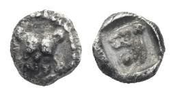 Greek. Caria. Mylasa. Circa half of 5th Century BC. Tetartemorion (Silver, 5.22 mm, 0.20 g). Facing head of a lion with its forelegs on either side. R...
