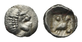 Greek. Caria. Mylasa. Circa 420-390 BC. Tetartemorion (Silver, 5.45 mm, 0.13 g). Forepart of roaring lion right protruding tongue. Rev. Bird standing ...