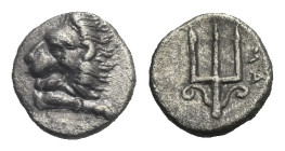 Greek. Caria. Maussolos, Satrap. Mylasa. Circa 377-370 BC. Hemiobol (Silver, 6.88 mm, 0.39 g). Forepart of roaring lion right, head turned back. Rev. ...
