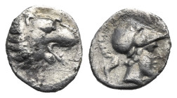 Greek. Pamphylia. Side. 4th century BC. Obol (Silver, 14.17 mm, 0.54 g). Roaring head of lion right. Rev. Helmeted head of Athena right. SNG France 73...