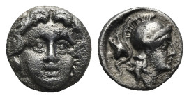 Greek. Pisidia. Selge. Circa 350-300 BC. Obol (Silver, 9.8 mm, 0.88 g). Facing gorgoneion. Rev. Helmeted head of Athena right; astragalos behind. SNG ...