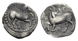 Greek. Cilicia. Kelenderis. Circa 425-400 BC. Obol (Silver, 9.69 mm, 0.65 g). Horse prancing right. Rev. Goat kneeling left, head turned to right, KE ...
