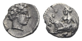 Greek. Cilicia. Tarsos. Tiribazos, Satrap of Lydia. Circa 388-380 BC. Obol (Silver, 8.04 mm, 0.50 g). Male head right. Rev. Female kneeling left, toss...