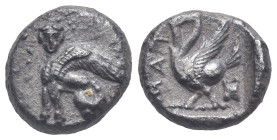 Greek. Cilicia. Mallos. Circa 425-385 BC. Drachm (Silver, 14.28 mm, 3.17 g). Sphinx seated left. Rev. MAP, Swan standing left with open wings. SNG Cop...