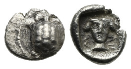 Greek. Cilicia. Mallos. Circa 440-390 BC. Obol (Silver, 9.64 mm, 0.67 g). Land tortoise. Rev. Female head facing, M AP flanking to left and right resp...