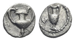 Greek. Cilicia. Nagidos. Circa 400-380 BC. Obol (Silver 7.90 mm, 0.47 g). Amphora, ivy leaf on the left. Rev. Kantharos. SNG BN 19 var. (ethnic on rev...