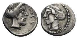 Greek. Cilicia. Nagidos. Circa 400-380 BC. Obol (Silver, 14.13 mm, 0.7 g). [N]AΓI, Bearded head of Dionysos right. Rev. Head of Aphrodite left, hair i...