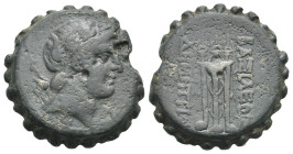 Greek. The Seleukid Kings. Demetrios I Soter, 162-150 BC. Uncertain denomination, serrate (Bronze, 19.38 mm, 14.06 g). Antioch on the Orontes. Laureat...