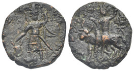 Greek. India. Kushan Empire. Vasudeva I, circa AD 191-230. Tetradrachm (Bronze, 24.96 mm, 10.35 g). Vasudeva standing facing, head left, flames on sho...