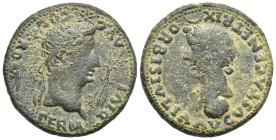 Roman Provincial. Hispania. Romula. Augustus with Livia. Dupondius (Bronze, 34.26 mm, 23.62 g). Struck under Tiberius, AD 14-37. PERM DIVI AVG COL ROM...
