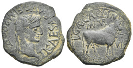 Roman Provincial. Hispania. Turiaso. Tiberius, 14-37. L. Caecilius Aquinus and M. Cel Palud duoviri. As (Bronze, 27.79 mm, 11.09 g). TI CAESAR AVG F I...